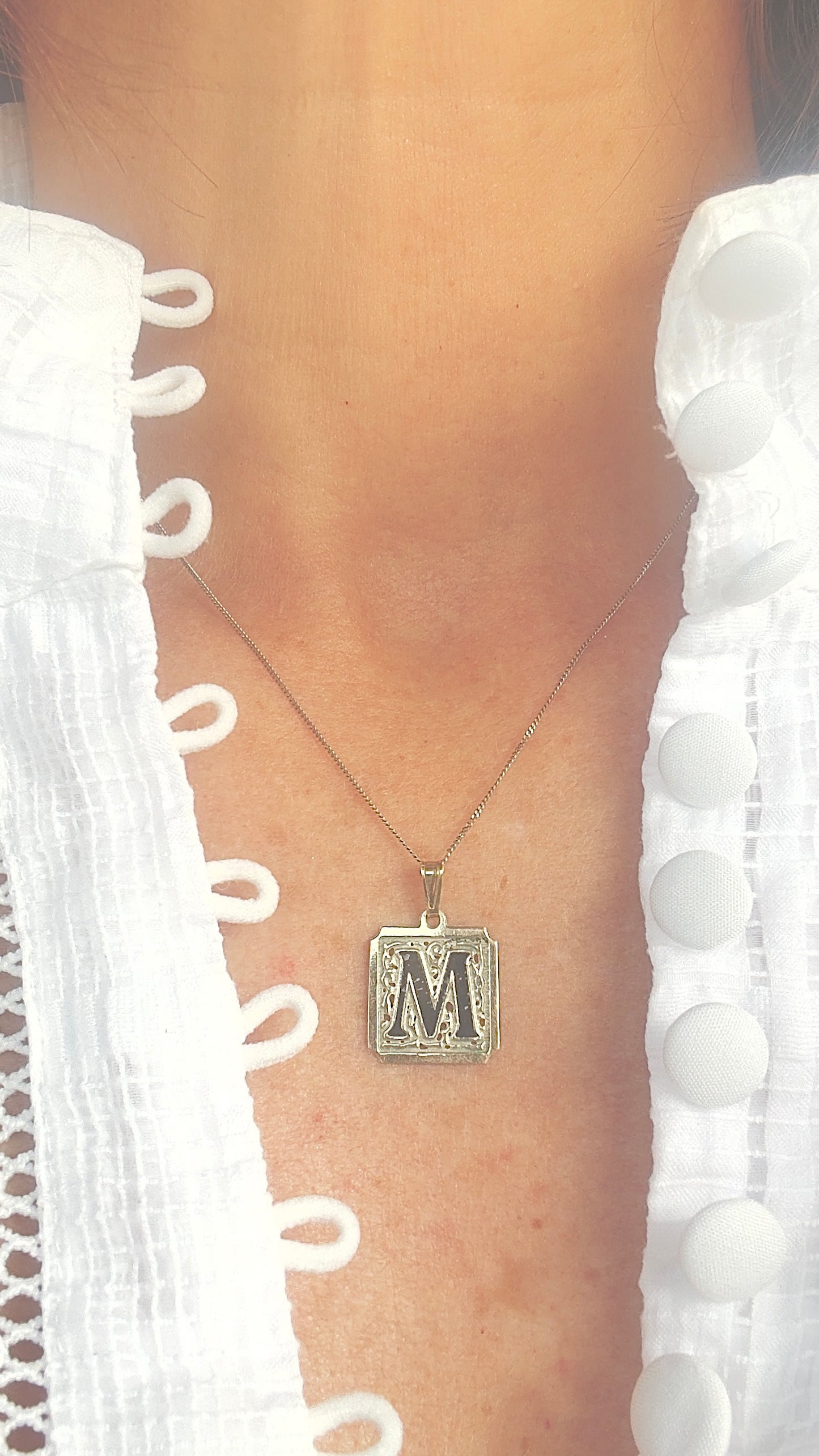 Vintage 9 Carat Gold & Enamel 'M' Initial Pendant & Chain