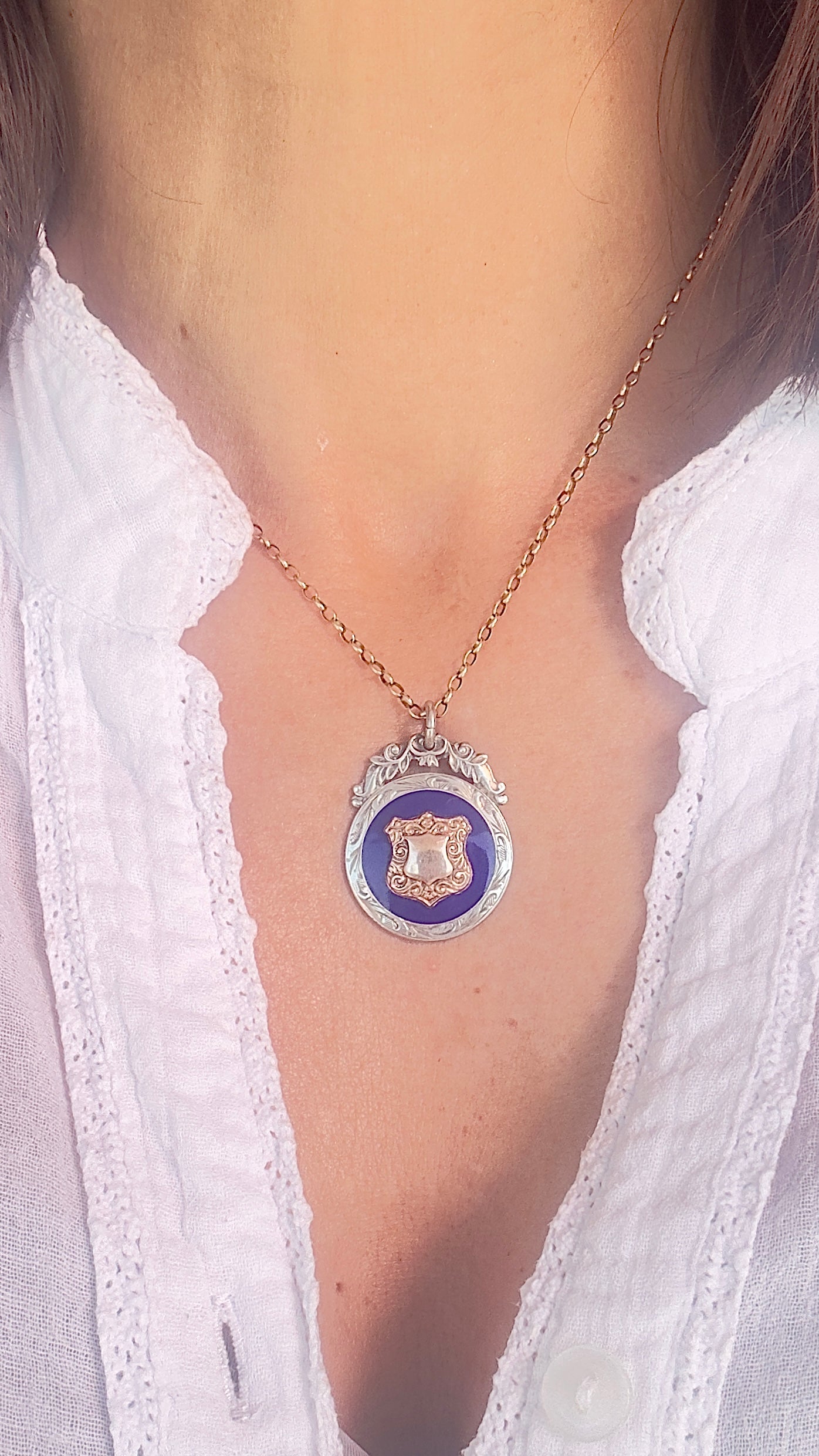 No.6 Vintage Fob Pendant –  Enamel, Sterling Silver & Rose Gold Accents