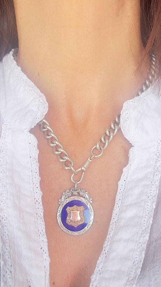 No.6 Vintage Fob Pendant –  Enamel, Sterling Silver & Rose Gold Accents