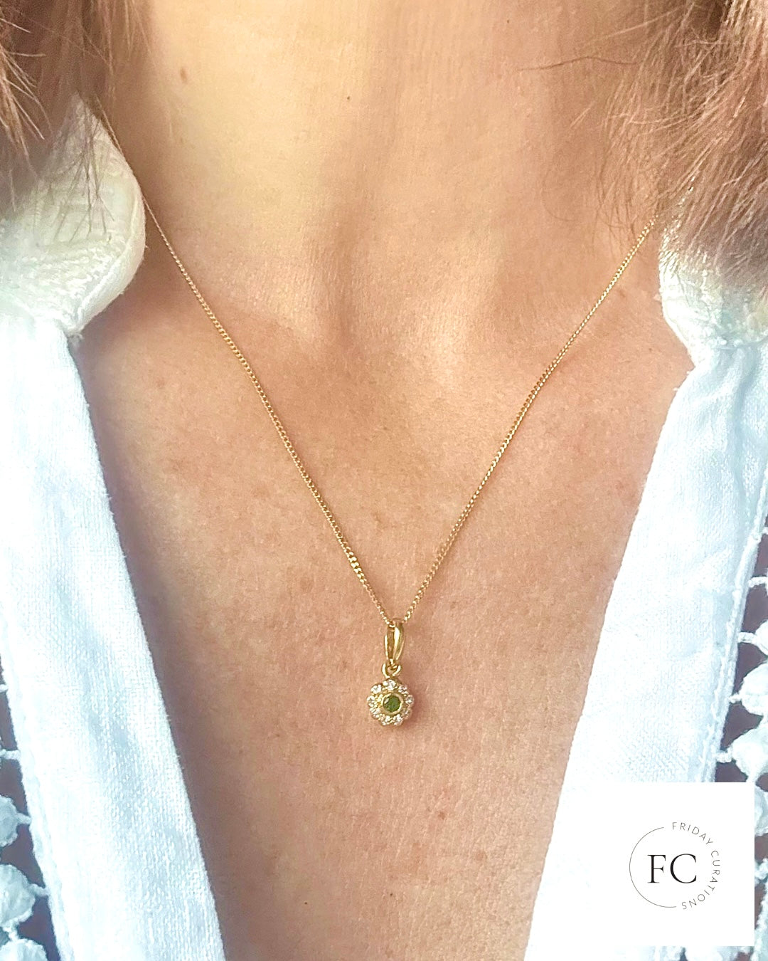 18 Carat Vintage Emerald & Diamond ‘Flower’ Pendant with 18 Carat Chain