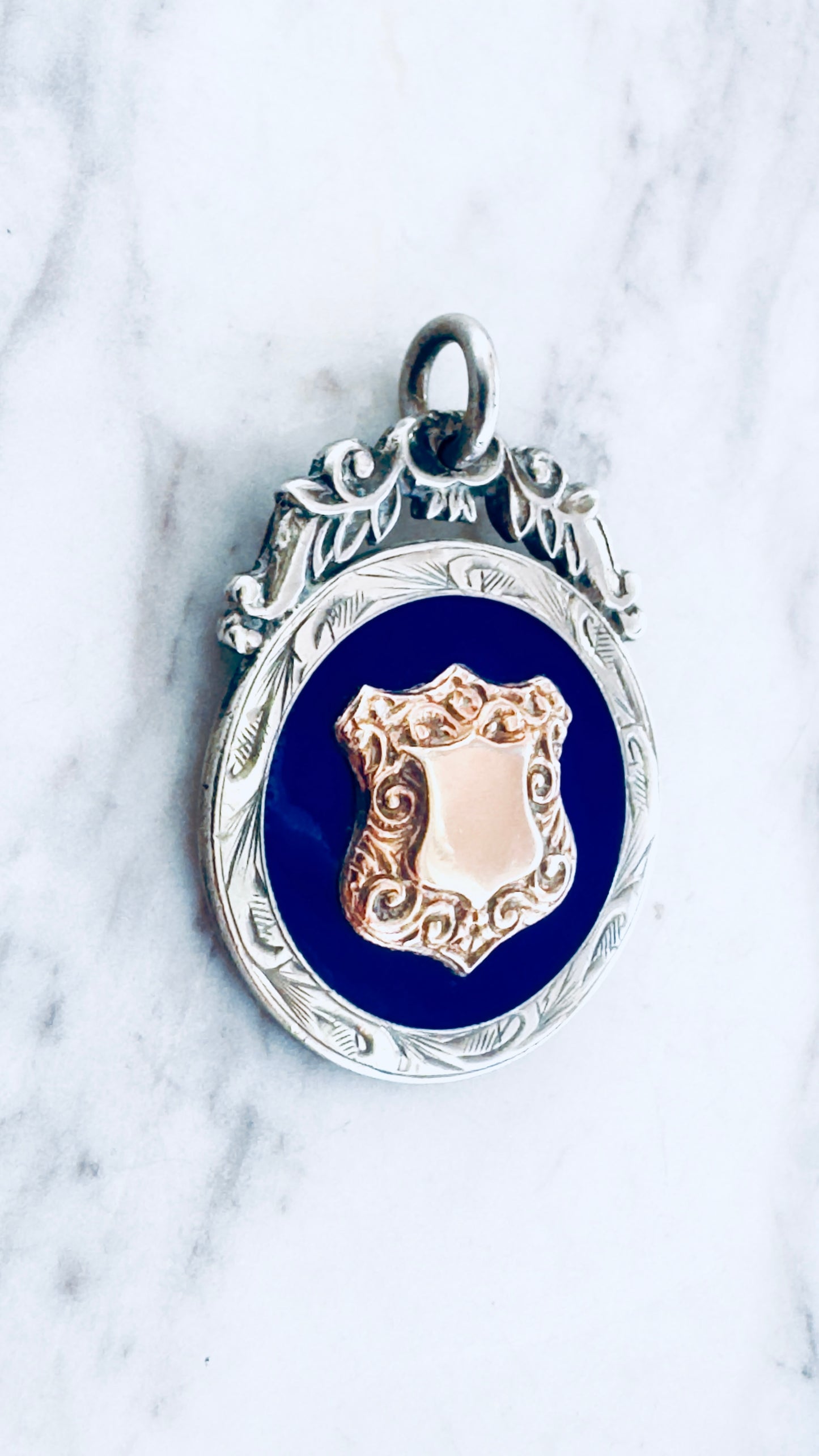 No.6 Vintage Fob Pendant –  Enamel, Sterling Silver & Rose Gold Accents