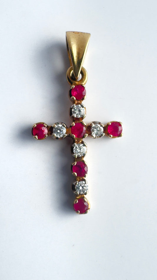 Vintage 9 Carat Gold, Diamond & Ruby Cross Pendant